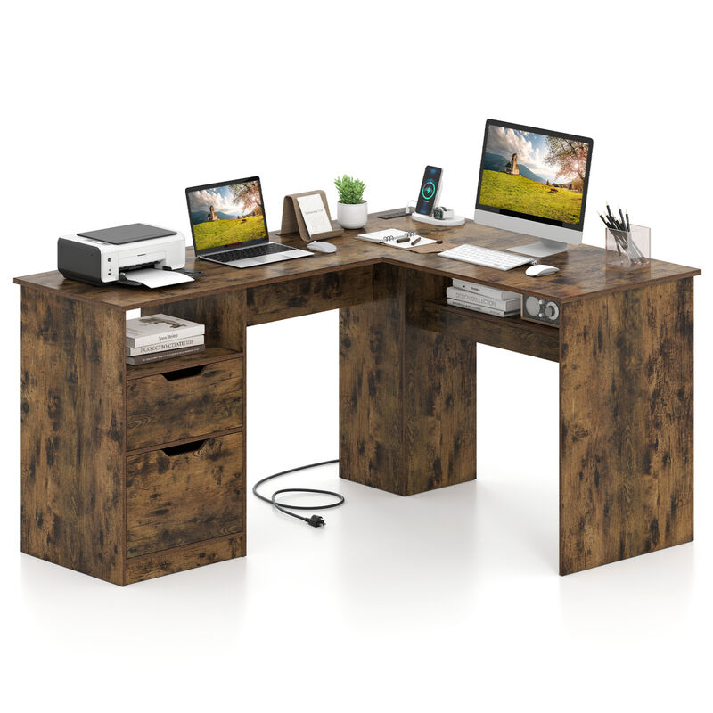 L Shaped Executive Computer Desk with Power Outlets Drawers and Bookshelf image number 3
