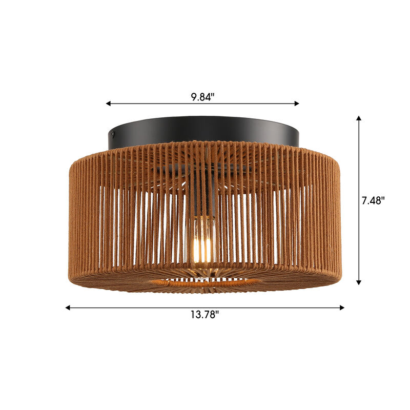 13.8" 1-Light Farmhouse Brown Caged Low Profile Ceiling Light with Cotton Thread Shade for Bedroom,  Dining Room or Entryway image number 5