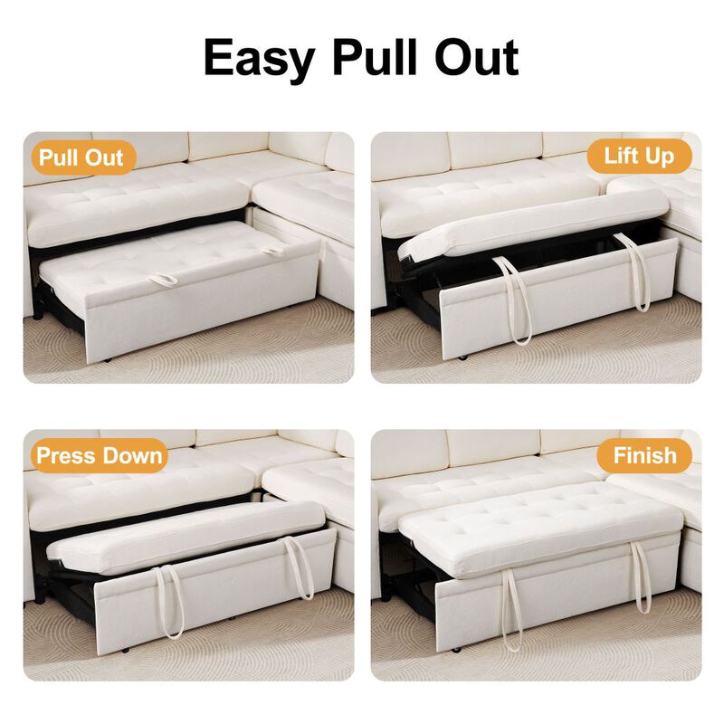 102" L-Shaped Chenille Modular Sectional Sleeper Sofa with Pullout Bed, Reclining Backrest, USB image number 6
