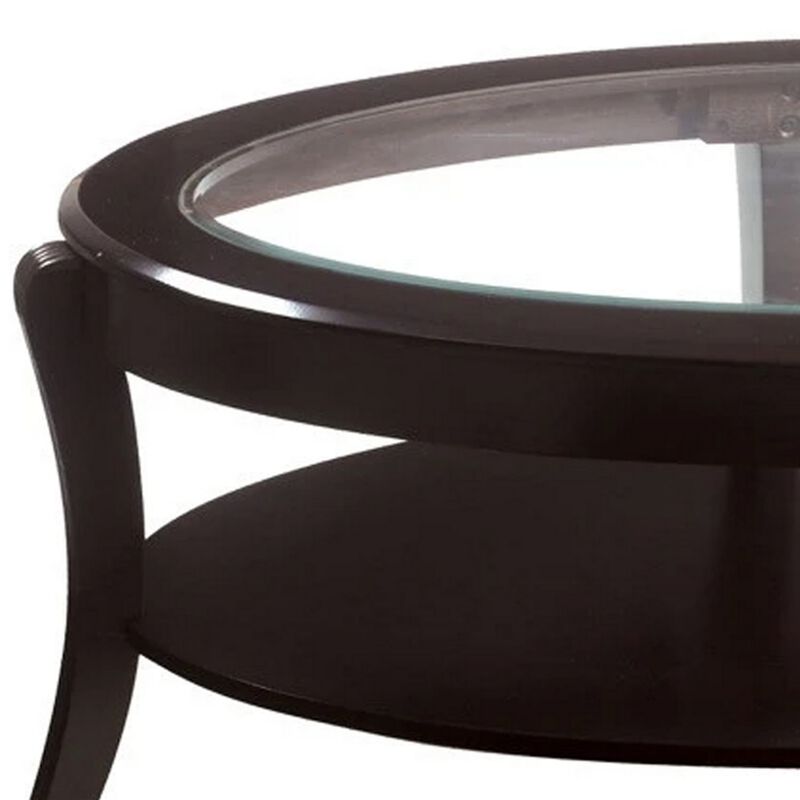 Oval Wooden Cocktail Table with Glass Insert and Open Shelf, Espresso Brown-Benzara