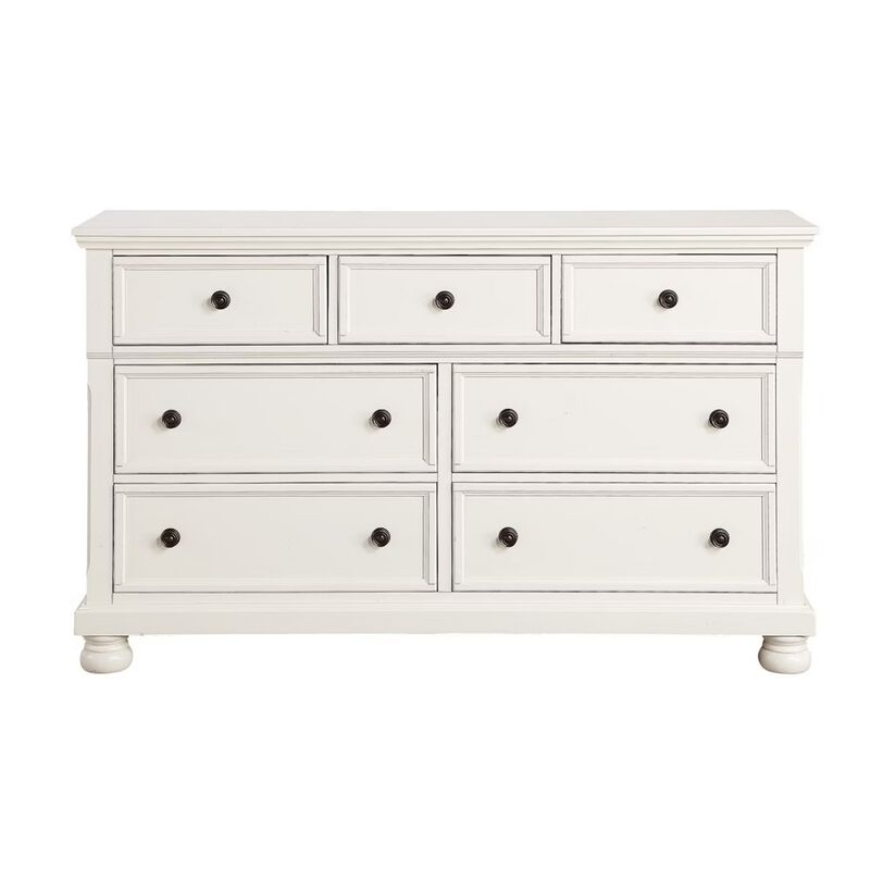Transitional Style Seven Drawer Wooden Dresser with Round Bun Legs, White - Benzara image number 5