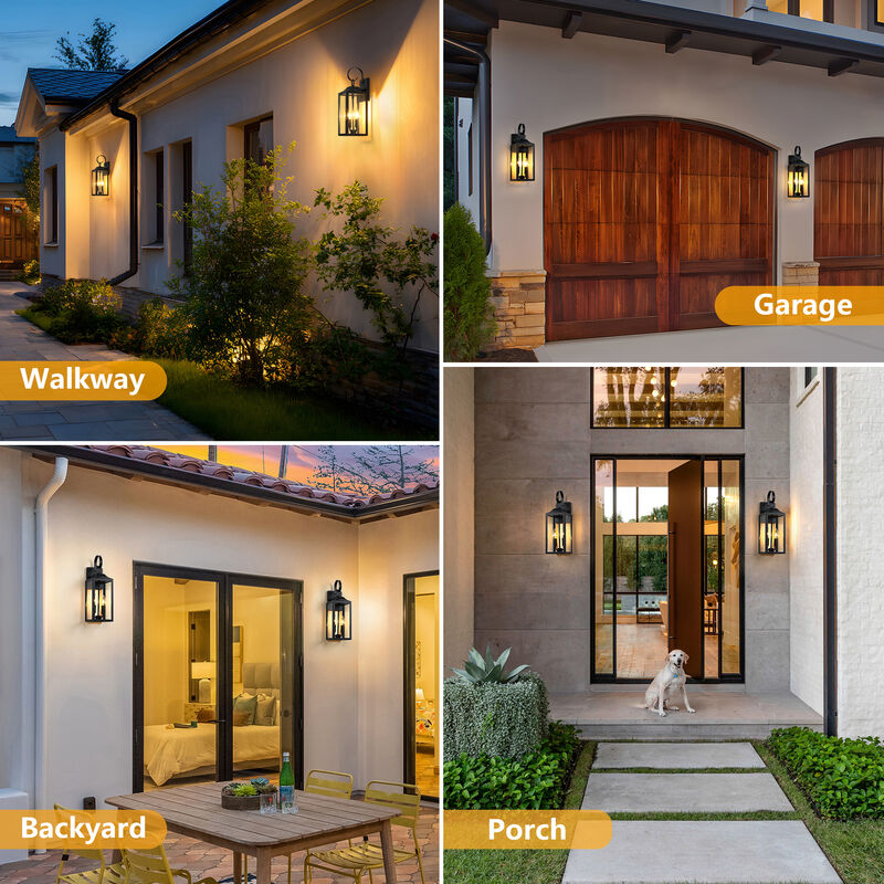 19 in. Modern Farmhouse Black 2-Light Dimmable Outdoor Wall Lantern with Clear Glass Shade(Set of 2) image number 8