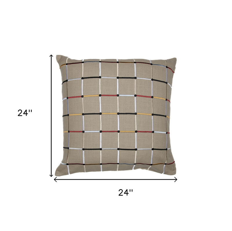 HomeRoots 24" Beige Check Cotton Blend Throw Pillow With Embroidery image number 6