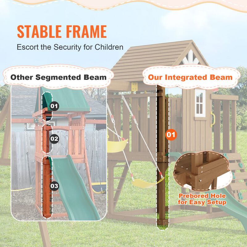 Backyard Wooden Swing Set with Slide and Upper Play Fort for Kids