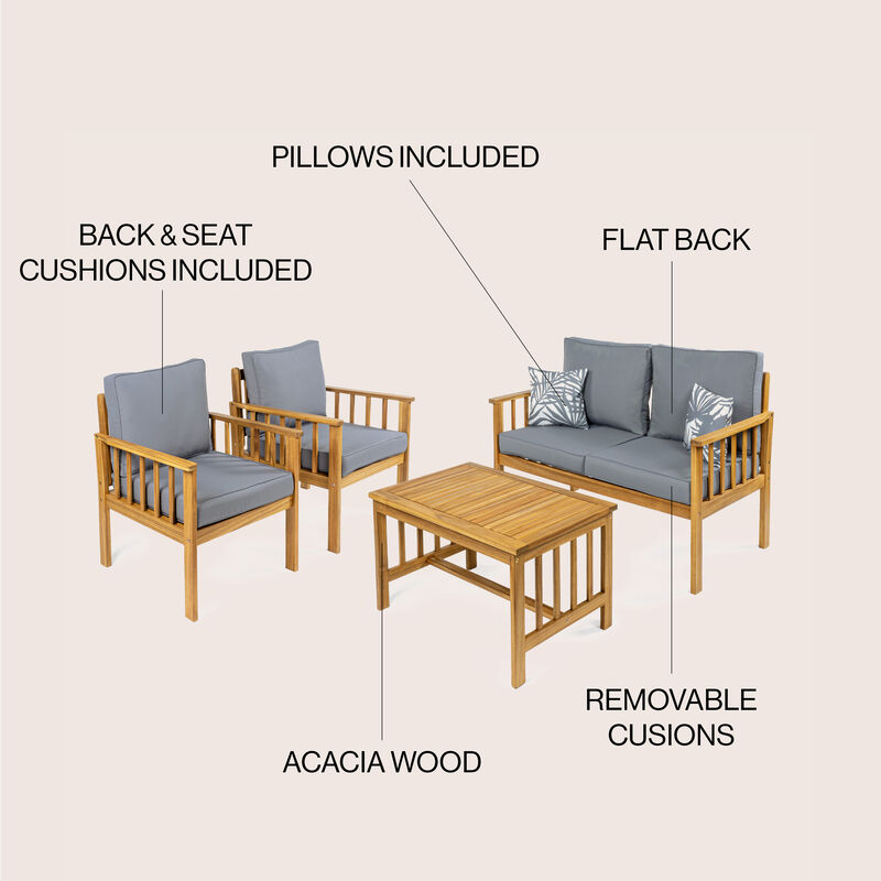 Everly 4-Piece Modern Cottage Acacia Wood Outdoor Patio Set with Cushions and Tropical Decorative Pillows
