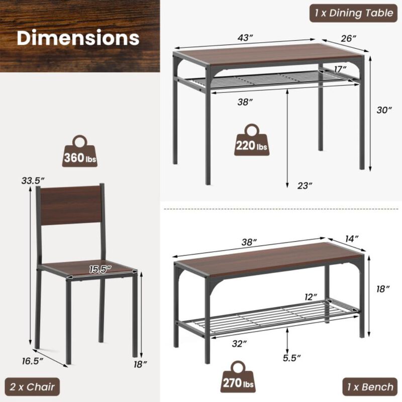 Hivvago Industrial Style Rectangular Kitchen Table with Bench and Chairs