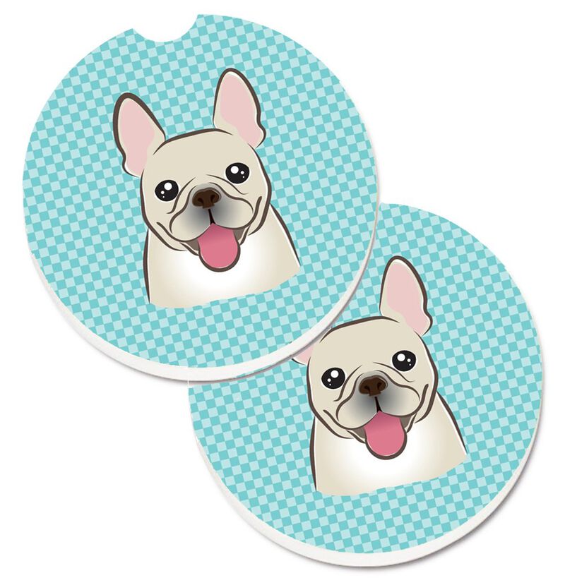 Caroline's Treasures Checkerboard Blue French Bulldog Set of 2 Cup Holder Car Coasters BB1176CARC, 2.56, Multicolor