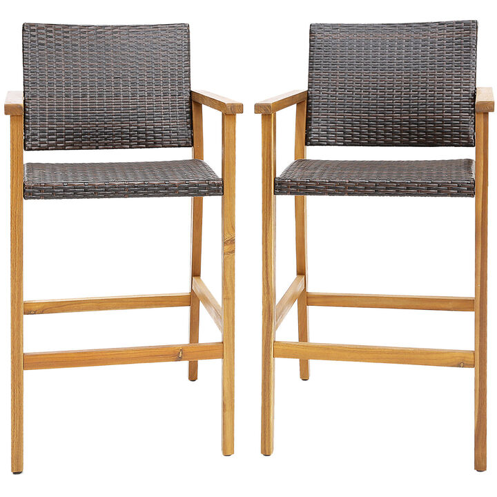 Set of 2 PE Wicker Patio Bar Chairs with Acacia Wood Armrests
