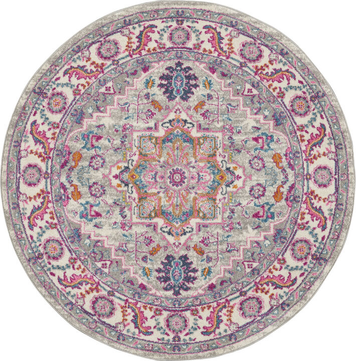 5 gray Round Floral Power Loom Area Rug