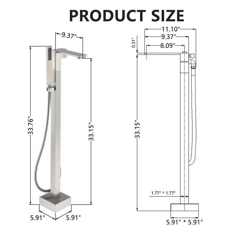 Mondawe 1-Handle Brushed Nickel Floor Mount Freestanding Tub Faucet with Square Hand Shower