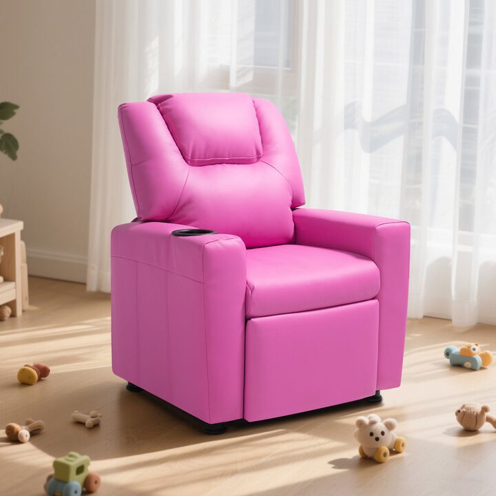 Kids PU Leather Recliner Sofa with Cup Holder Adjustable Backrest and Footrest