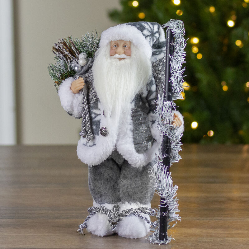 12" Country Patchwork Gray and White Santa Claus Christmas Figure image number 1