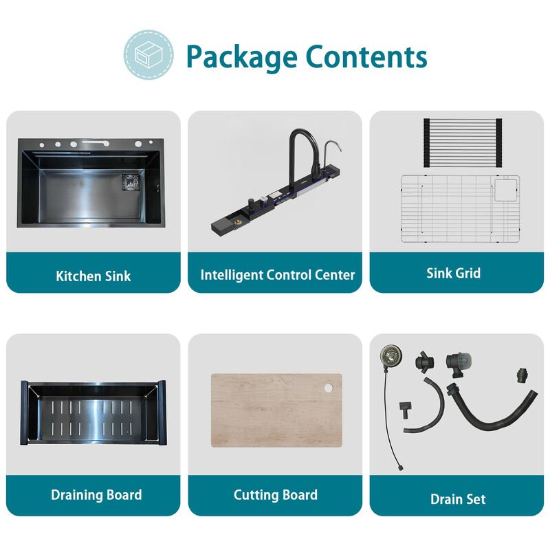 FUFU&GAGA PVD 304 Stainless Steel Kitchen Sink with Cutting Board, Drain Rack, and Smart Faucet,(33.1" W x 22" D x 24.6" H),Black