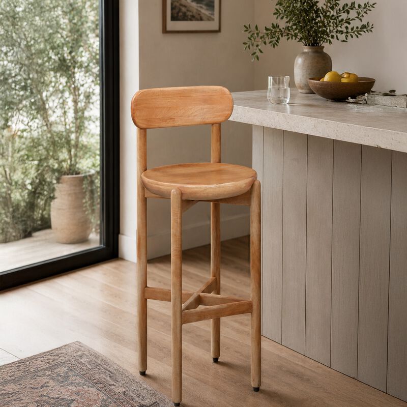 Maona Bar Stool Chair with Round Seat, Curved Open Back, Natural Brown Mango Wood image number 5
