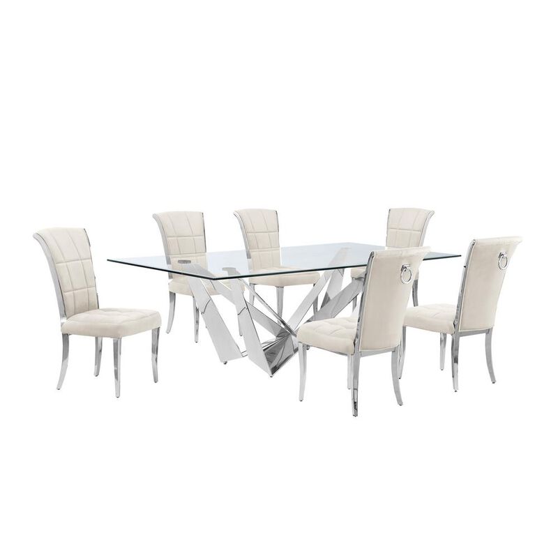 7pc Large(94") glass dining set with silver base and 6 Cream side chairs