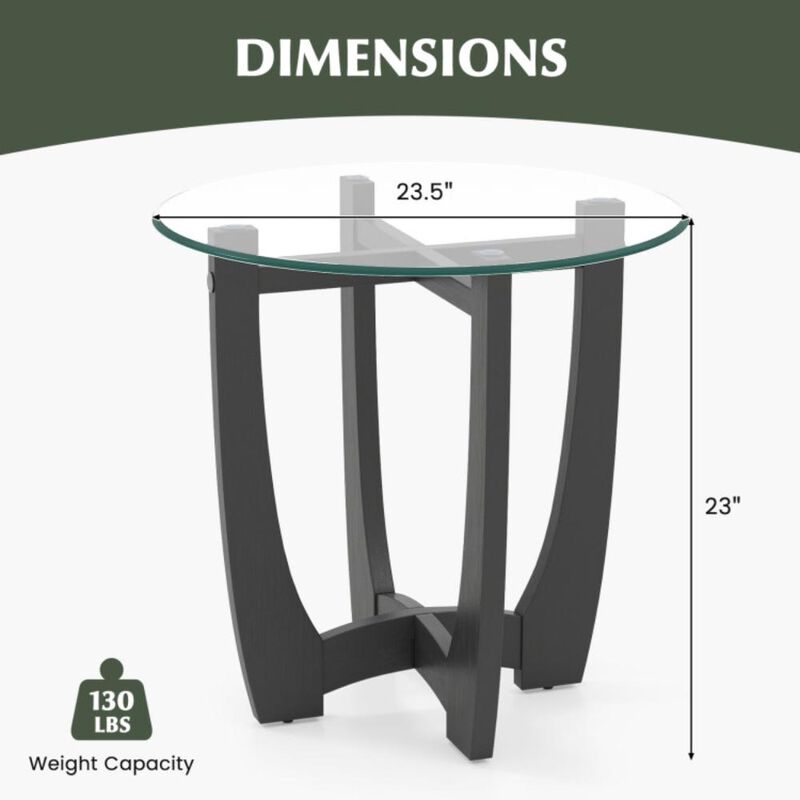 Hivvago 23.5 Inch Round End Side Table with Tempered Glass Tabletop