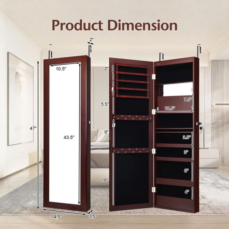 Hivvago Lockable Wall Door Mounted Mirror Jewelry Cabinet with LED Lights