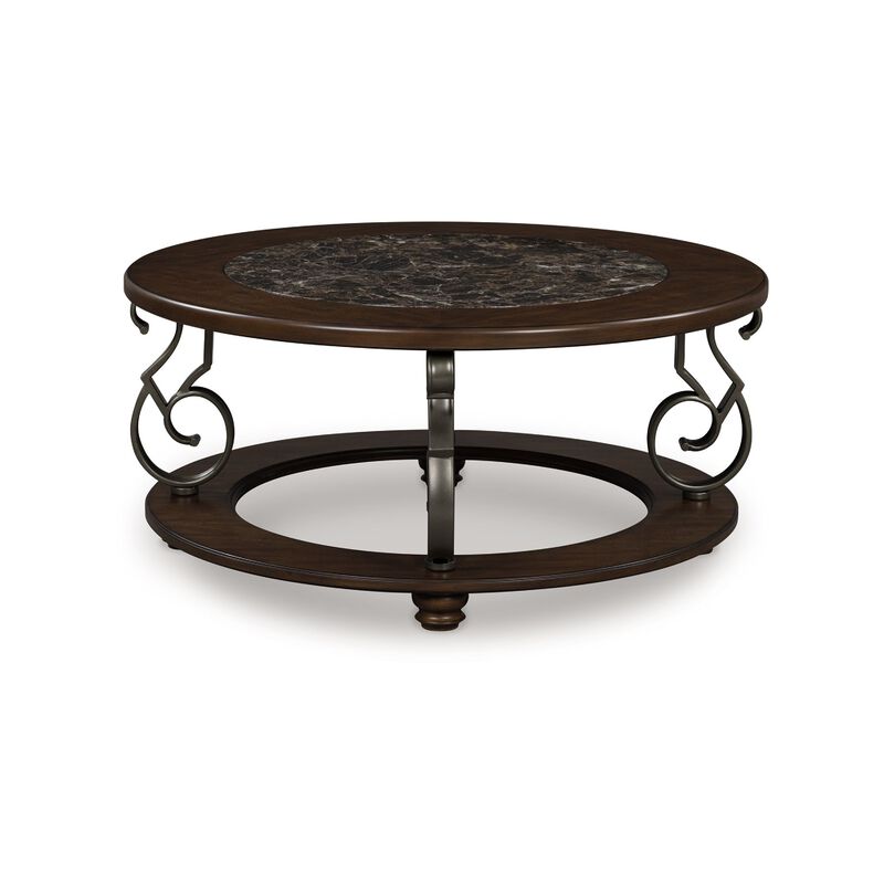 Falu Coffee Table, 42 Inch Round Faux Marble Top, Classic Scrolled, Brown image number 3