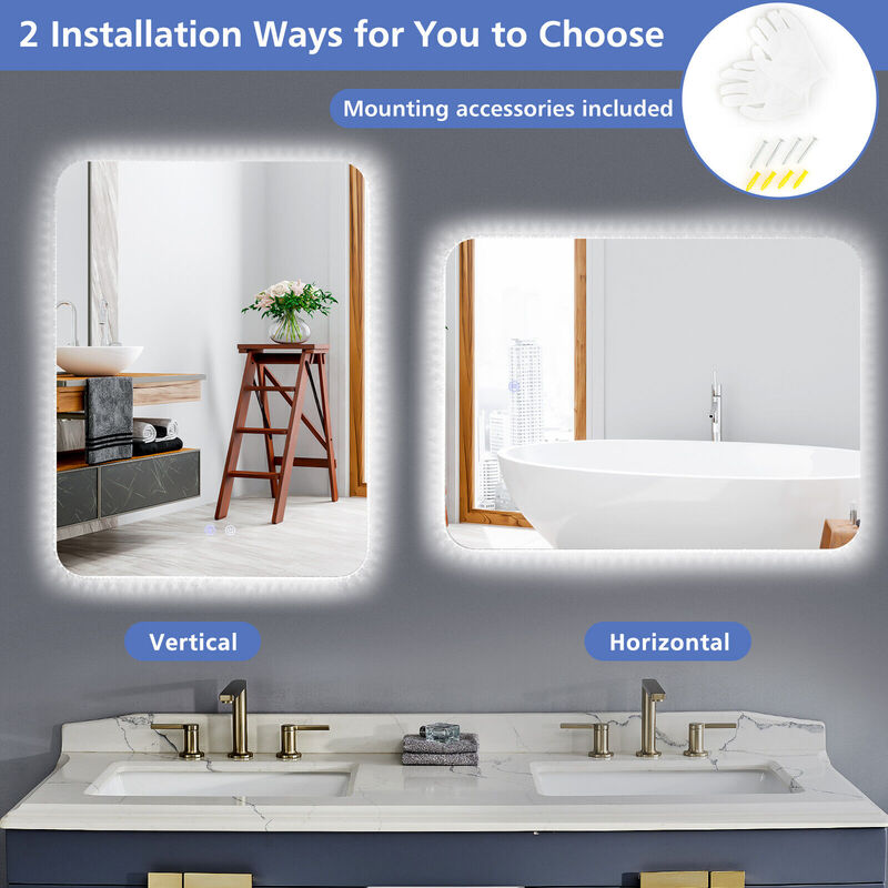 Shatterproof Wall Mirror with 3-Color Lights and  Anti-Fog Function