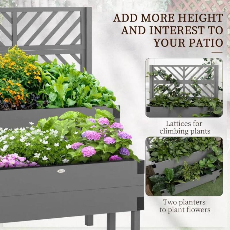 Hivvago 2 Tier Self Draining Natural Wood Raised Garden Bed Planter Box with Trellis