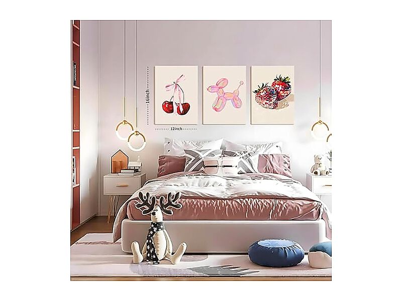 Cute Pink Canvas Wall Art Set 3 Fruit Disco Strawberry Bow Cherry Decor Funky image number 3