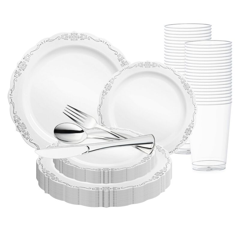 White with Silver Vintage Rim Round Plastic Wedding Value Set (30 Sets) image number 0