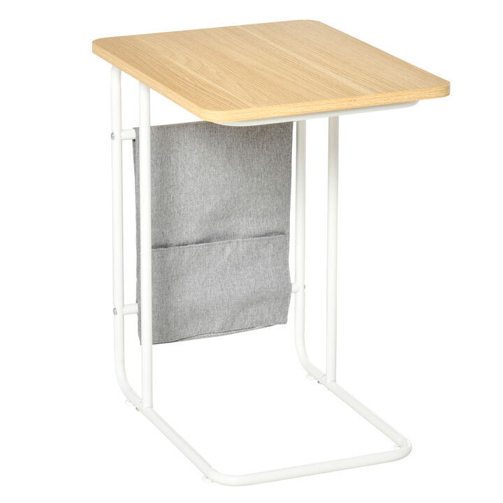 C-Shaped Sofa End Table Small Coffee Table w/ Storage Bag, White, Oak, Grey