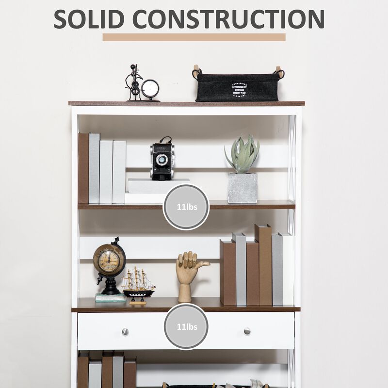 White Modern Shelving: 4-Tier Bookcase with Drawer and X-Bar