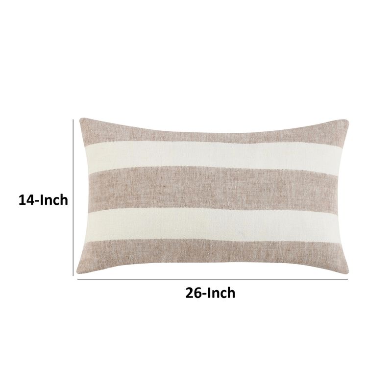 Lumbar Throw Pillow, 14x26 Inch Horizontal Stripes, White, Brown Linen - Benzara