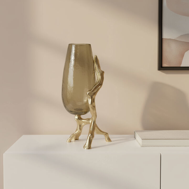 HomeRoots 18" Champagne Glass And Metal Table Vase