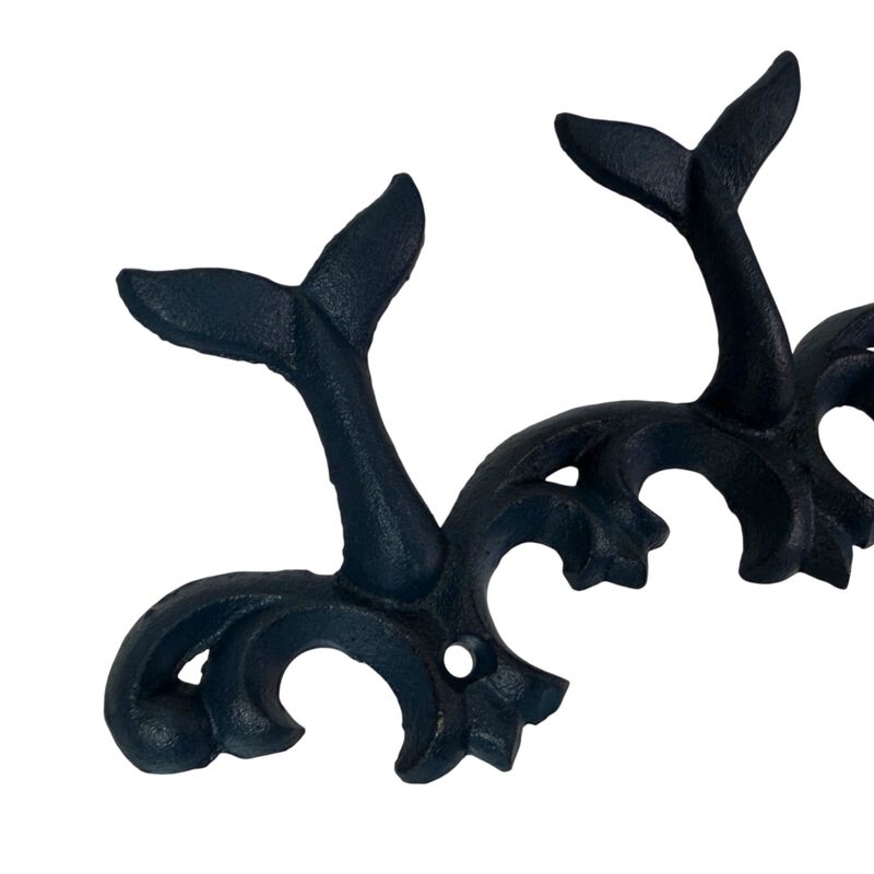 Set Of 2 Whale Tail Wall Hooks Cast Iron Blue Coastal Triple Hook 105 In image number 4