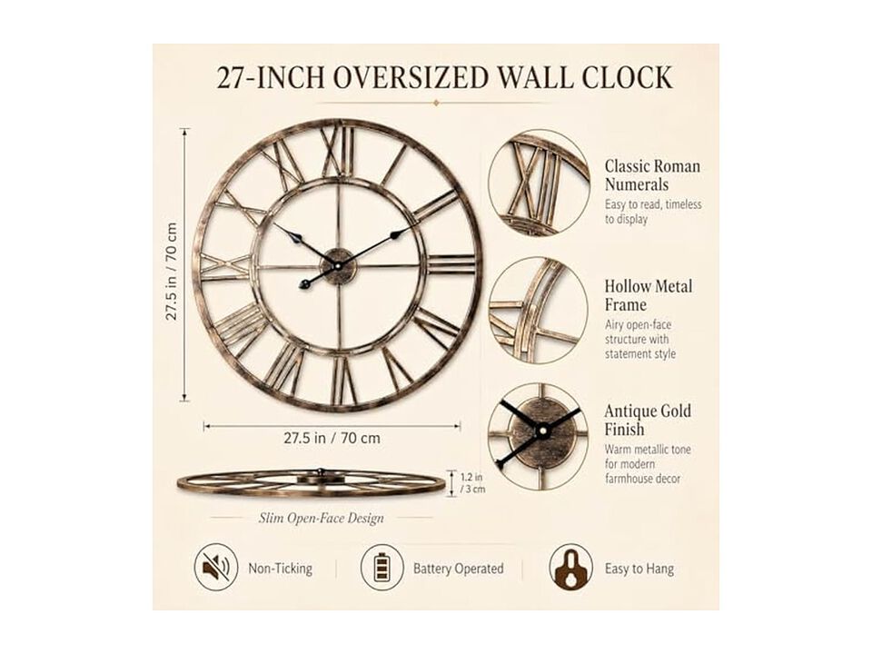 Gold Metal Skeleton Classic Style Wall Clock 5 Inch Silent Non Ticking Easy Read