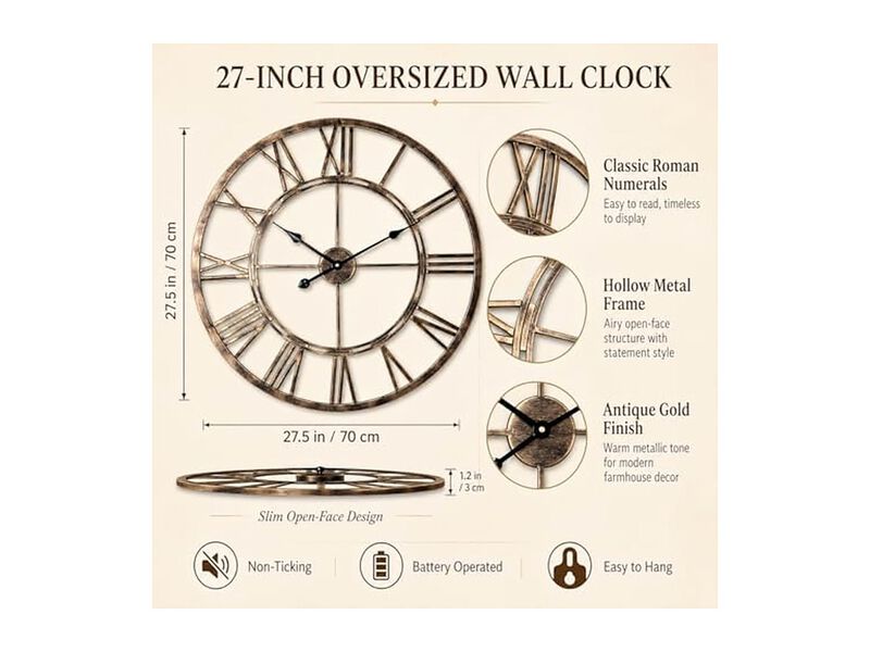 Gold Metal Skeleton Classic Style Wall Clock 5 Inch Silent Non Ticking Easy Read image number 1