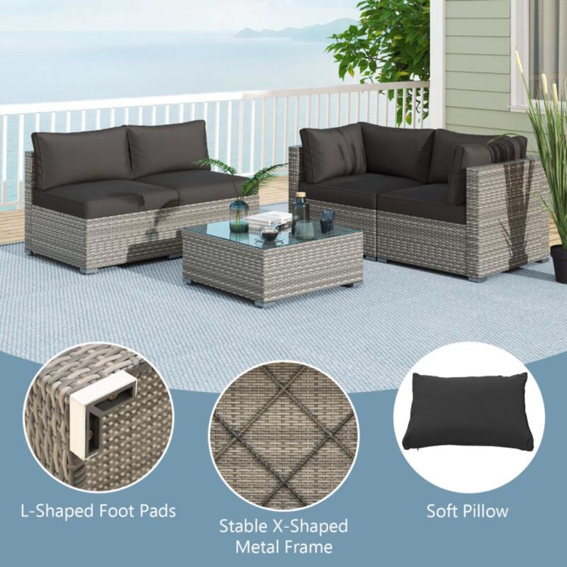 Hivvago 5-Piece Outdoor Patio Sectional Sofa Couch and Glass Coffee Table with Cushions