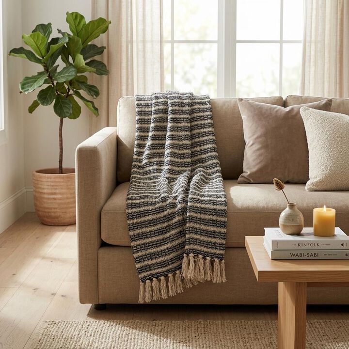 HomeRoots Black and Beige Striped Woven Handloom Throw Blanket
