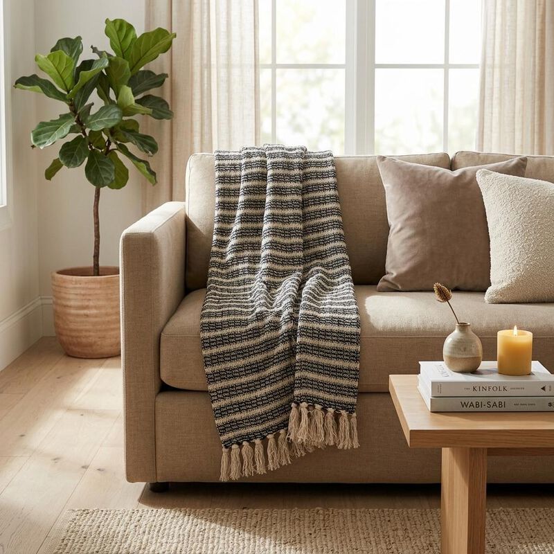 HomeRoots Black and Beige Striped Woven Handloom Throw Blanket image number 1