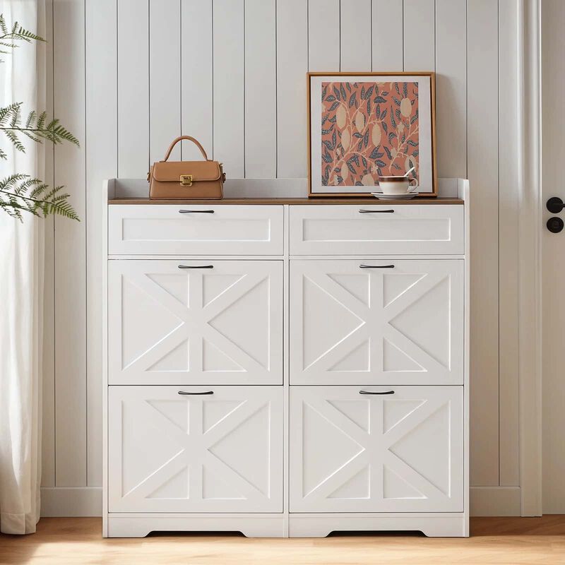 Farmhouse Style Shoe Organizer Cabinet with Flip-Down Storage Drawers-White image number 3