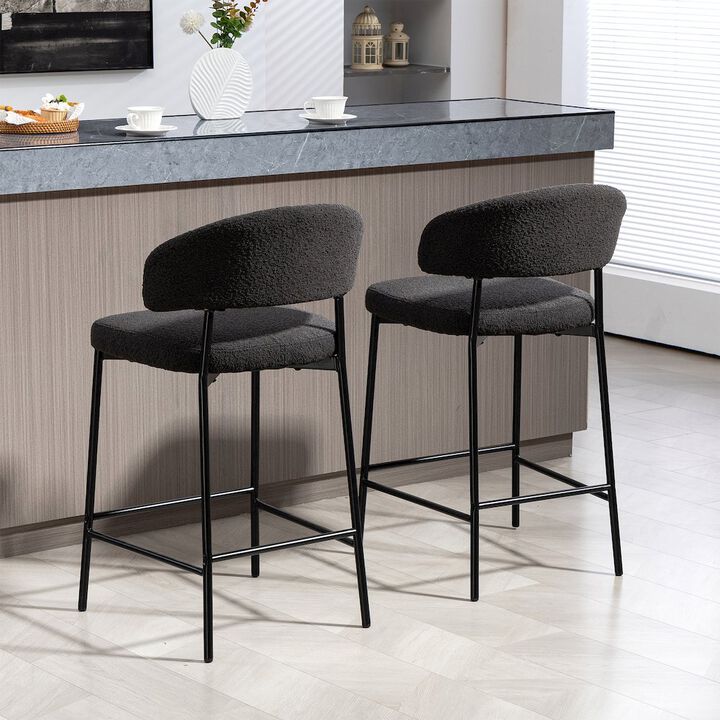 Glamour Home Set of 2 Bennett Black Boucle Upholstered Fabric Counter Stool Black Iron Legs