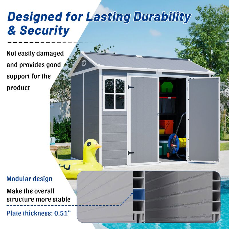 8 x 6 FT Plastic Utility Shed, Lockable Storage Shed for Garden Tools & Trash Bins, All-Weather Outdoor Organizer image number 2