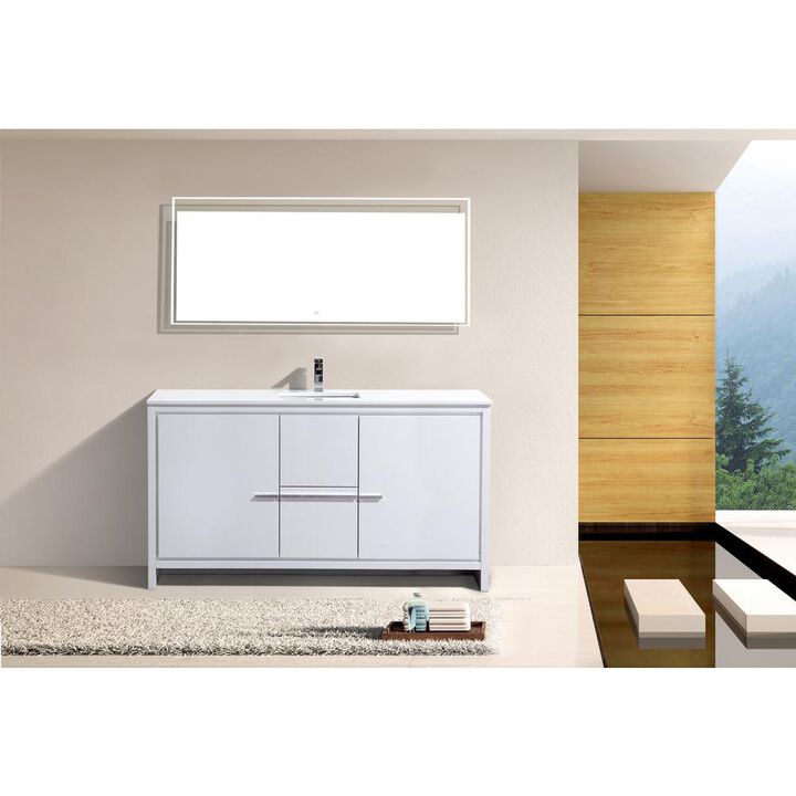 Kubebath 60″ High Gloss White Modern Bathroom Vanity with White Quartz Counter-Top