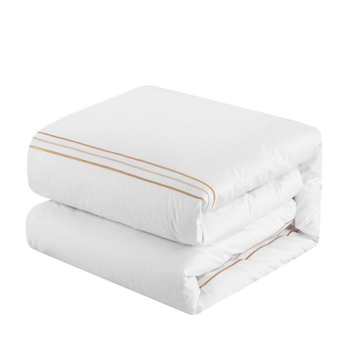 Chic Home Milos Cotton Comforter Set Solid White With Dual Stripe Embroidered Border Hotel Collection Bedding - Includes Decorative Pillow Shams - 4 Piece - King 106x96, Gold