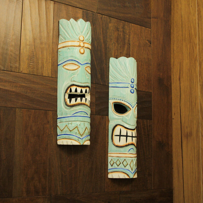 Set of 2 Polynesian Tiki Mask Wall Hangings - 20" - Aqua Blue image number 8