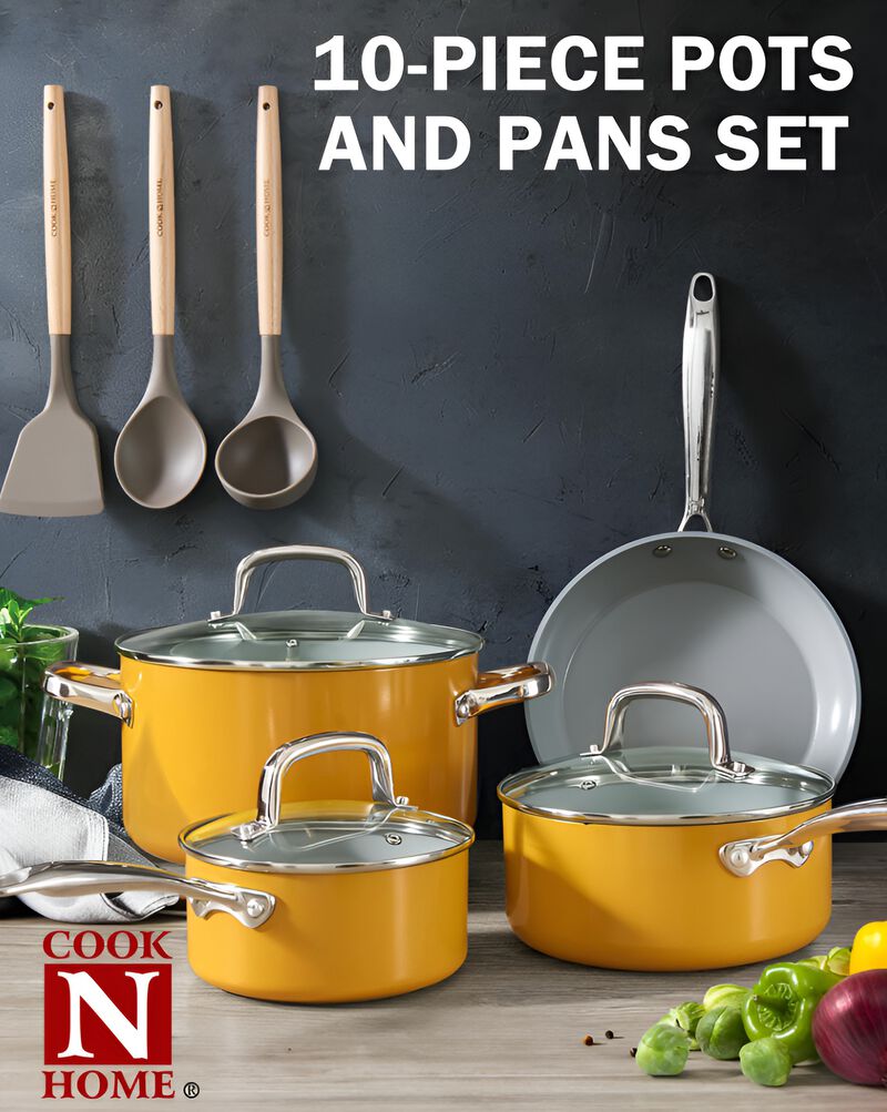 Cook N Home Classic 10-Piece Nonstick Cookware Set, Induction Pots and Pans with Glass Lids & Comfort Handles, Yellow image number 3