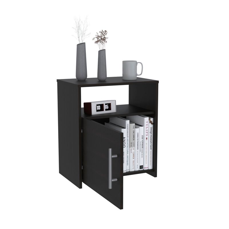 Nordico Nightstand, One Shelf, Single Door Cabinet, Metal Handle -Black