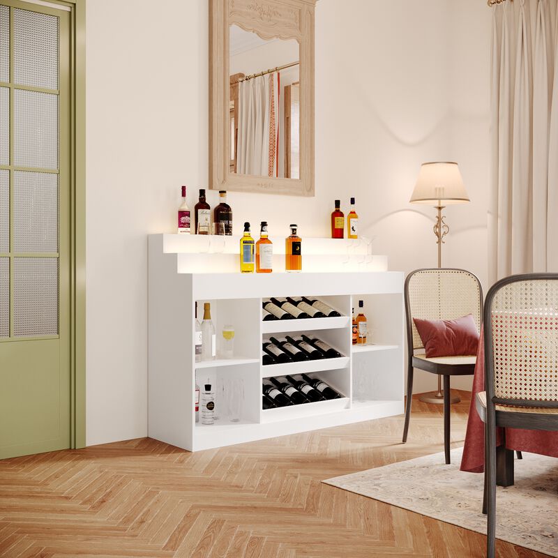 FUFU&GAGA Modern Stepped-Top Wine Cabinet with Tilted Bottle Rack, Wave Light Effect with Adjustable Brightness, 4mm Tempered Glass, (56.3 in. W x 15.7 in. D x 39.4 in. H), White