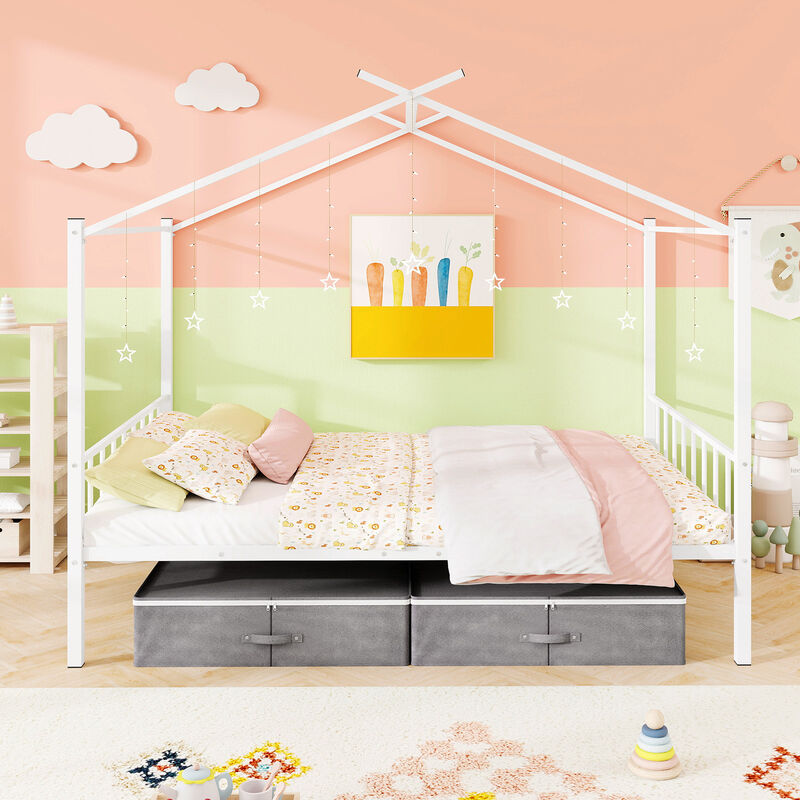 Metal House Bed with 2 Fabric Drawers for Kids, Fun and Functional Bedroom Furniture