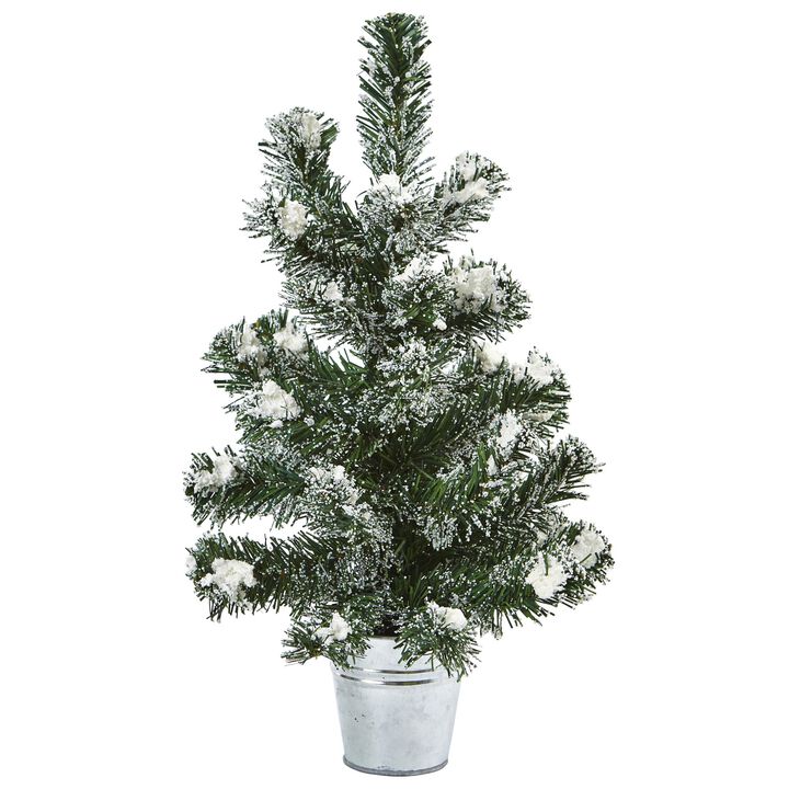 HomPlanti 18 Inches Snowy Pine Tree with Tin (Set of 2)