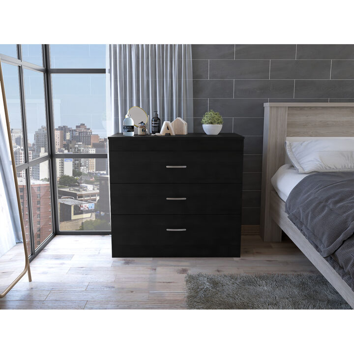 Melia Three Drawer Dresser, Superior Top, Metal Hardware -Black