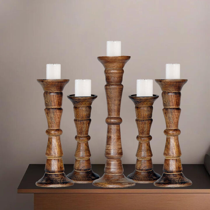 Traditional Medium Burnt Eco-friendly Handmade Mango Wood Set Of Five 9",12",15",12" & 9" Pillar Candle Holder BBH