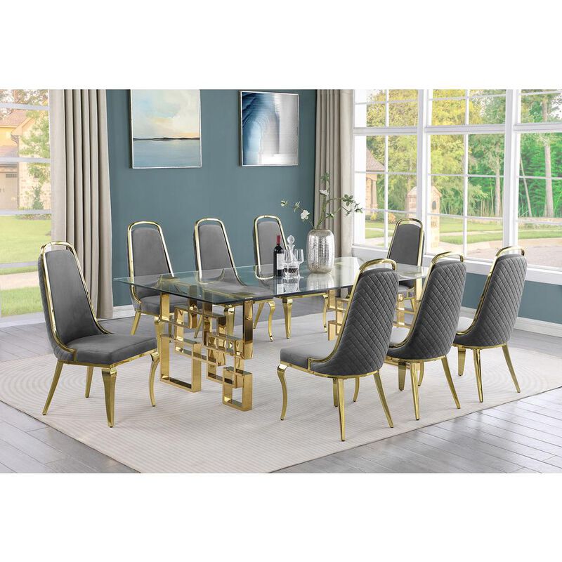 9-piece glam dining set with 8 Dark grey chairs and one 95"  glass dining table
